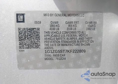 2019 Chevrolet Malibu Rs z USA, uszkodzony, nr VIN 1G1ZG5ST7KF222809